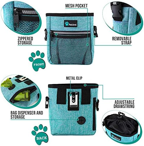 PetAmi Dog Treat Pouch | Dog Training Pouch Bag with Waist Shoulder Strap, Poop Bag Dispenser | Treat Training Bag for Treats, Kibbles, Pet Toys | 3 Ways to Wear (Turquoise) | No bowl included