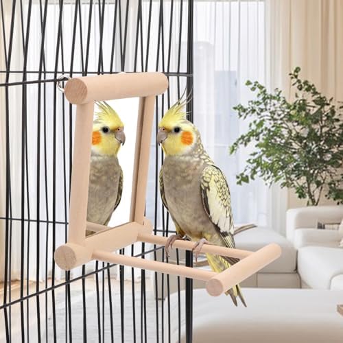 Wontee Bird Mirror with Perch for Parakeet Cage Bird Toys (2pcs-Wood Color)