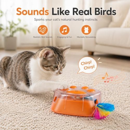 Interactive Cat Toys for Indoor Cats & Kittens, Bird Sound Feather Toy