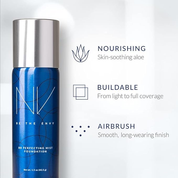 NV BB Perfecting Mist Foundation Buildable Coverage Professional Airbrush Makeup with Plant-based Stem Cell Polypeptides, Vitamins A, D, E and Aloe, 1.5 ounces, Warm Honey