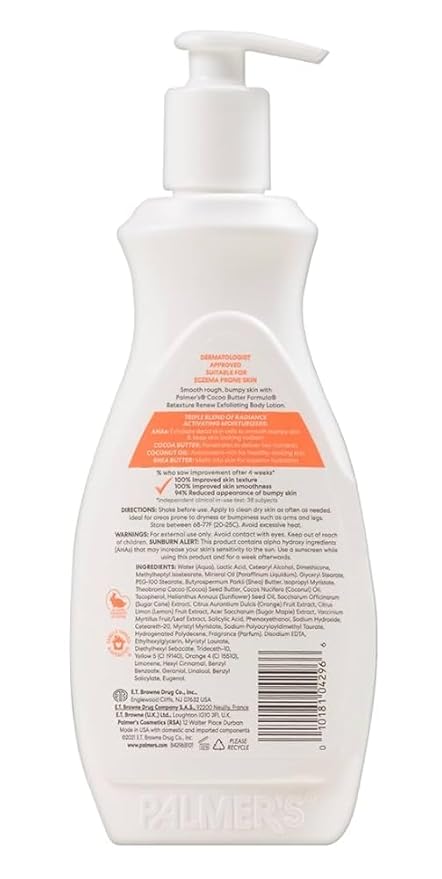 Palmer's Cocoa Butter Formula Retexture & Renew Exfoliating Body Lotion for Rough & Bumpy Skin, Triple Action Moisturizers + AHAs, Pump Bottle, 13.5 Ounce