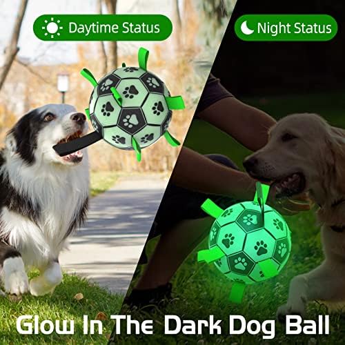 Glow in The Dark Dog Toys, 8'' Dog Soccer Ball with Straps Upgraded Interactive Light Up Dog Toys, World Cup Dogs Football, Outdoor Tug Toys for Medium & Large Dogs Birthday Gifts(8 Inch-Large)