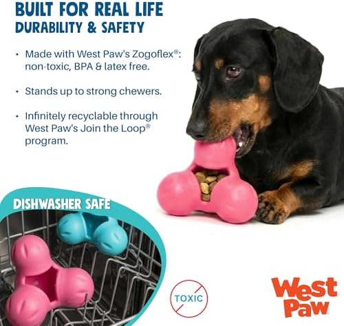 WEST PAW Zogoflex Tux Treat Dispensing Dog Chew Toy – Interactive Chewing Toy for Dogs – Dog Games for Aggressive Chewers, Fetch, Catch – Holds Kibble, Treats, Small 4", Geranium