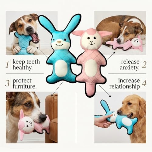 PetLike Tough & Durable Plush Dog Toy Set - 2 Pack - Interactive Animal Chew Toys for Puppies & Dogs, Perfect for Teething, Fetch & Cuddly Playtime (Blue Rabbit+Pink Sheep)