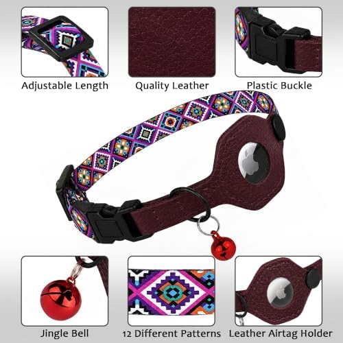Breakaway Cat Collar with Leather AirTag Holder & Bell - Apple Air Tag Cat Collars for Girls & Boys, Lightweight Anti-Lost GPS Tracker Design, Printed Pattern - Safety and Adjustable (Aztec)