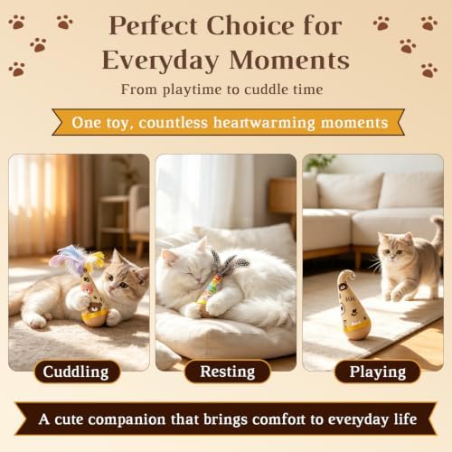 Wooden Interactive Cat Toy, Natural Beechwood Self‑Righting Weeble Toy with Colorful Feathers,Fluffy Plush Wooden Tumbler for Bored Adult Indoor Cats Silent Self Play Cat Enrichment Toy