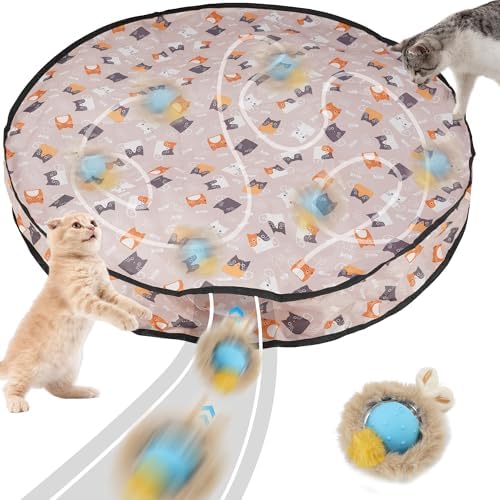 Cat Mat Hide and Seek Toy, Interactive Cat Toy Ball with Bird Chirp Sound, Smart Induction Oxford Cloth Hunting Cover, USB Rechargeable Indoor Play Toy for Cats