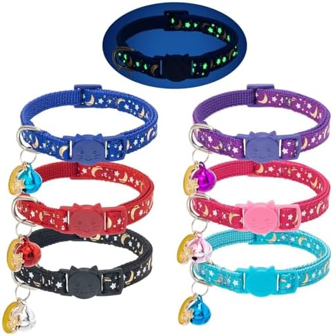 KOOLTAIL Glow in The Dark Cat Collar Breakaway with Bells,6 Pack Moonlight Cute Kitten Collars, Personalized Reflective Safety Buckle Stars&Moon Charm Pet Collars for Kitty Boys Girls, Pink Purple