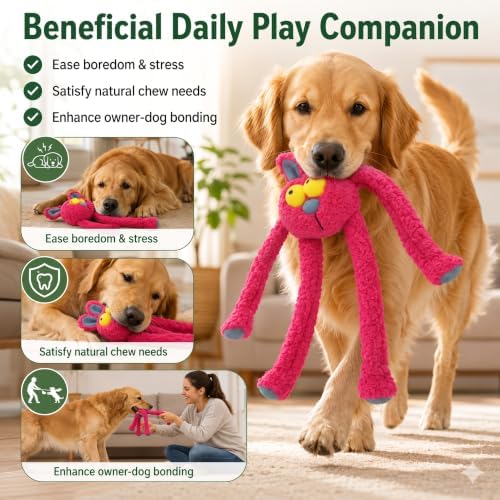 Squeaky Rabbit Dog Plush Chew Toy, Interactive Tug Squeaky Toy for Chewers, Medium Large Dogs & Fetch Play, 31.5 Inch Stuffed Play Toy with Stretchable Limbs for Gentle Gum Care & Boredom Relief