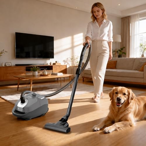 Akitas C11 Bagged Canister Vacuum Cleaner, Light Weight HEPA Filtration, 33ft Cleaning Radius with Retractable Cord, Ideal for Hard Floors & Low-Pile Carpet Extra Floor Brush