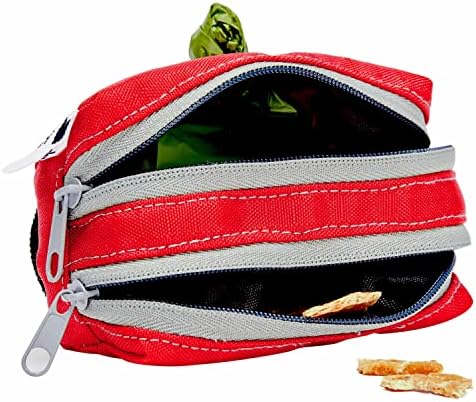 Blueberry Style Red Dog Waste Bag Dispenser, Solid Color Trash Bag Dispenser with 2 Auto Locking Zipper, Dog Poop Bag Holder Leash Attachment, Includes 1 Roll of Free Poop Bags