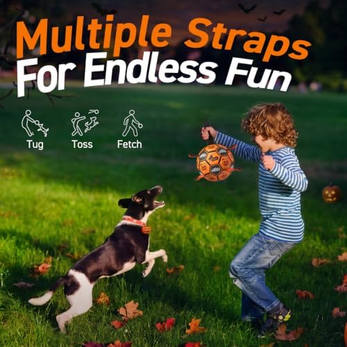 QDAN Halloween Dog Toys, Soccer Balls with Straps, 8 Inch Interactive Toys | Large Dog Herding Balls for Tug of War, Durable Ropes Toys for 30-90 lbs Dogs, Outside Training Chase Toy, Puppy Birthday