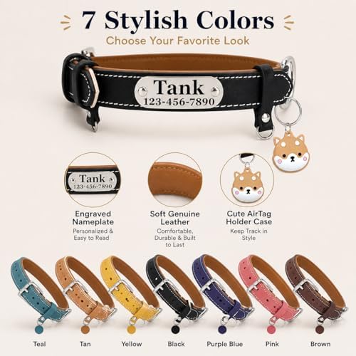 Personalized Genuine Leather Dog Collar with Name Phone Number-Black-XL