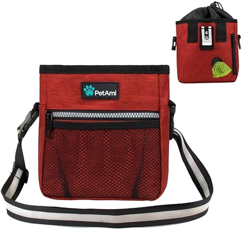 PetAmi Dog Treat Pouch, Pet Treat Pouch for Training, Dog Walking Bag Holder for Kibbles, Pet Food Toy, Dog Trainer Essentials Supplies, Poop Bag Dispenser, 3 Ways to Wear (Red)