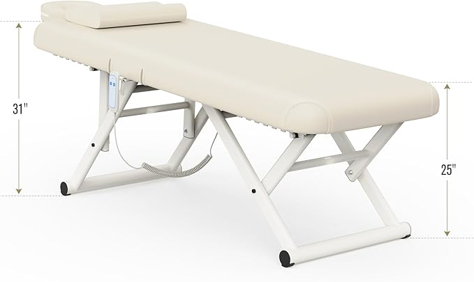 Electric Stationary Massage Table - Adjustable Massage Table with Manual Adjustable Backrest & Height, Treatment Tables with Electric Foot Lift, C-Shaped Pillow, Metal X-Frame, PU Leather for Beauty