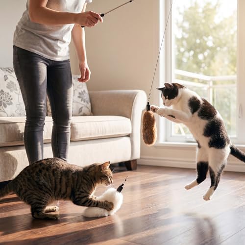 6 Pack Natural Rabbit Fur Cat Toy Refills Silent Cat Wand Toy Attachments Interactive Handmade Replacement Heads with Secure Connector