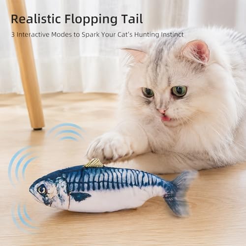 Flopping Fish Cat Toy, Interactive Moving Plush Cat Kicker Toy with Catnip Pocket, USB Rechargeable Automatic Wiggle Mackerel Toy for Indoor Kitten & Small Dogs, Single Mackerel（11.02Inch）