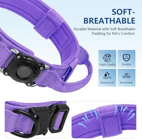 Tactical AirTag Dog Collar with Waterproof Holder(1st/2nd Generation) | Military-Grade Adjustable Collar, Comfortable Control Handle & Metal Buckle for Medium Dogs，Smart QR ID tag (Purple, M)