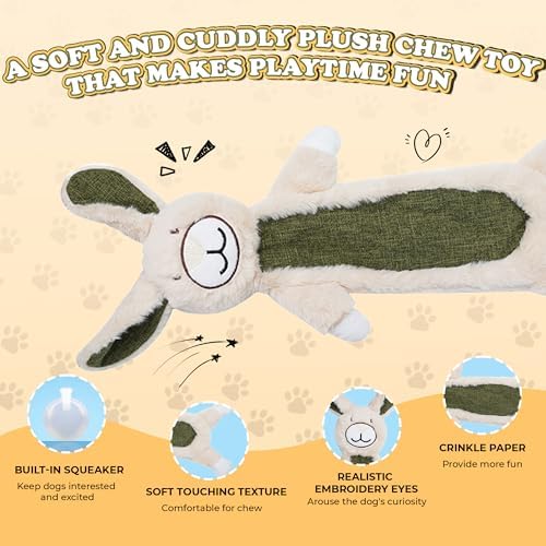 Squeaky Dog Toys for Small & Medium Breeds, Soft No Stuffing Interactive Puppy Teething Chewing Toy with Crinkle Paper, Best Birthday, Christmas, Halloween, Easter Gift, Flat Rabbit