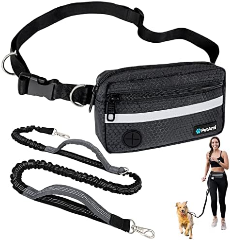 PetAmi Hands Free Dog Leash Waist Belt Bag Fanny Pack, Single, Black