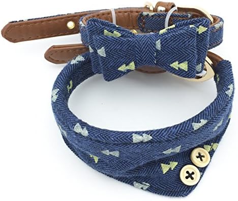 Small Dog Costume Collar - Leather Bowtie Kitten Bandana Collar for Halloween - Teacup Yorkie Chihuahua Clothes Outfits Accessories, Adjustable (Navy Note Bow + Bandana, 8.7 to 11-Inch)