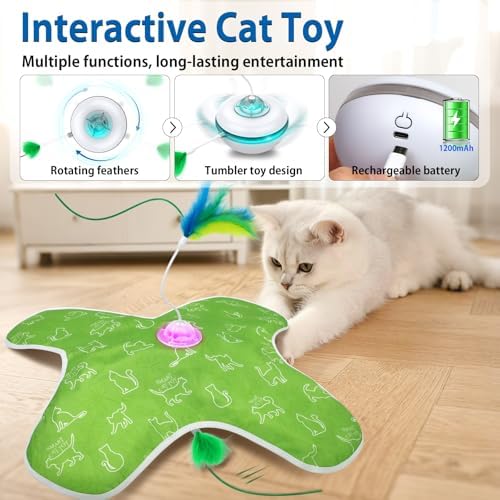 Muhhiba Interactive Cat Toys Rechargeable, Hide and Seek Kitten Toy with Touch Activated, Moving Concealed Feather, Tumbler Toy Design, Automatic Cat Toys for Indoor Cats to Chase and Exercise