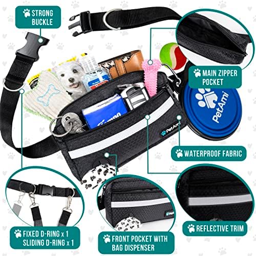 PetAmi Hands Free Dog Leash Waist Belt Bag Fanny Pack, Single, Black