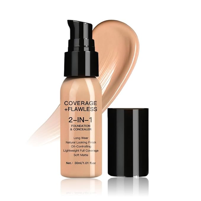 2 in 1 Foundation Concealer, Lightweight Creamy Long Lasting Face Makeup for Combination Oily Skin, Conceals Dark Circles Under Eyes Dark Spots and Blemishes, Vegan Cruelty-Free, Warm Tan