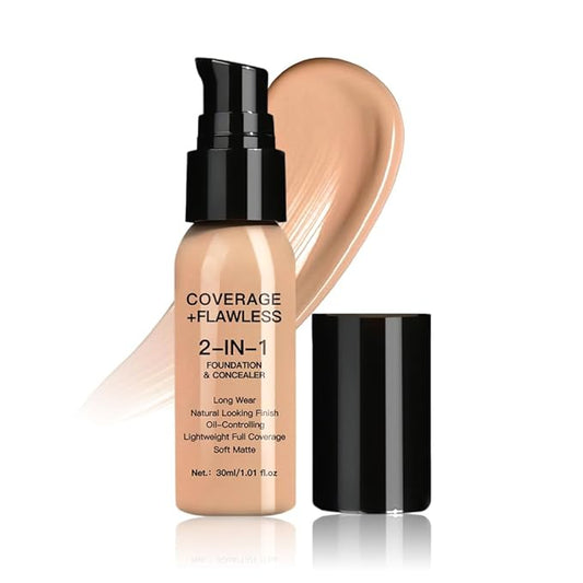 2 in 1 Foundation Concealer, Lightweight Creamy Long Lasting Face Makeup for Combination Oily Skin, Conceals Dark Circles Under Eyes Dark Spots and Blemishes, Vegan Cruelty-Free, Warm Tan