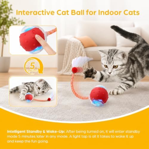 Interactive Cat Toy Ball,3 Speed Modes Moving Cat Toy Balls,Automatic Rolling Rechargeable Cat Toy for Indoor Cats Bored Adult & Kittens-Red