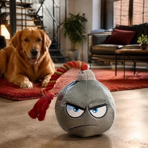Squeaky Bomb-Shaped Plush Dog Chew Toy with Braided Rope