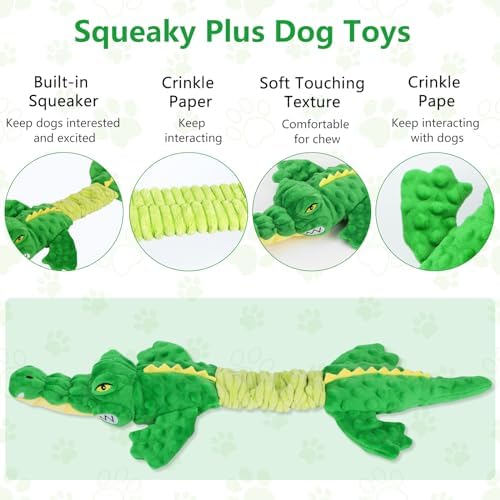 Letsmeet Large Squeaky Alligator Dog Toys, Interactive Puppy Toys with Crinkle Paper, Pull Tug of War Dog Toy, Plush Dog Chew Toys for Small, Medium, Large Breed