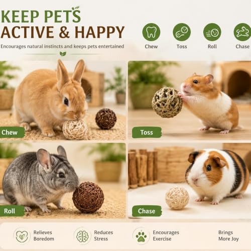 Skylety 15 Pcs Bunny Chew Balls Grass Toys for Rabbit Guinea Pig Hamster