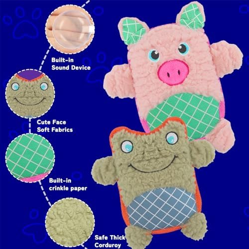 Crinkle Dog Toys Squeaky Plush No Stuffing Cute Puppy Stuffless Tough Rop Pull Toy, Fun Dog Stuffed Animals Durable Chew Set for Small Medium Large Pup (Large, Pink Pig+Green Frog)