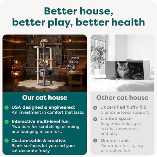 FurHaven 69.3" Tall Cat Scratching Post Tower for Indoor Cats, Sisal Cat Tree with 2 Condos, Tiger Tough Double Decker Playground, Toys & Perches for Cats, Sisal, Silver Gray