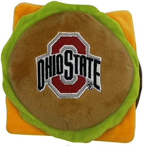 NCAA OHIO STATE BUCKEYES CHEESE BURGER PLUSH DOG & CAT SQUEAK TOY - Cutest STADIUM HAMBERGER SNACK Plush Toy for DOGS & CATS with INNER SQUEAKER & Beautiful Football/Basketball Team Name/Logo