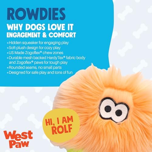 WEST PAW Rowdies Rolf Durable Plush Dog Toy with HardyTex Reinforced Seams Engaging Squeaker with Soft Cuddly Exterior Hand Sewn and Finished in Bozeman Montana for Dogs - Melon