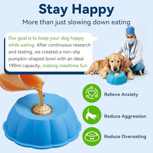 Dog Lick Bowl Ball Slow Feeder, Licking Bowl for Liquid Treat with Rolling Spin Sphere Roller Licker, Licky Feed Calming Anxiety Relief Enrichment Yogurt (Blue)