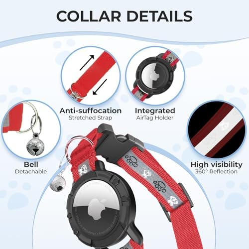 Breakaway AirTag Cat Collar, Reflective Cat Tracker Collar with Bell | Built in AirTag Holder, Adjustable 8.5-12in for Cats, Kittens and Puppies, Safety Elastic Band, Reflective for Night Walking