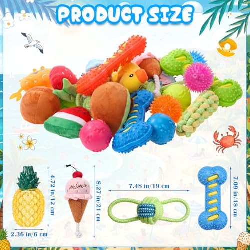 Outus 32 Pcs Summer Dog Squeaky Toys Set Puppy Chew Toys Pack Includes Squeaky Plush, Cotton Rope, Tennis Balls, Cooling Fruit Chew with Storage Bag for Summer Medium Dog Pets Teething Playing
