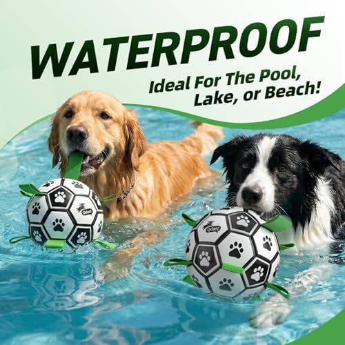 QDAN 2 PCS Dog Toys Soccer Ball Set with Straps, Interactive Dog Toys for Tug of War, Puppy Birthday Gifts, Dog Water Toy, Durable Dog Balls for Medium & Large Dogs（6 & 8 Inch）