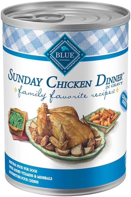 Blue Buffalo Family Favorites Chicken Adult Wet Dog Food, 12.5 oz, 12 ct | Sunday Chicken Dinner Recipe, Real Chicken First, in Gravy, Feed as Treat, Topper, or Meal