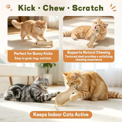 Refillable Catnip Kicker Toys, Sisal Fish & Mouse with Catnip & Silvervine Gall Fruit, Durable Interactive Cat Toy for Indoor Cats, 2-Pack