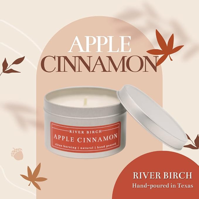 River Birch Candles Apple Cinnamon Scented Candle | Premium, All-Natural, Non-Toxic, Soy Candles | 8 oz. Silver Tin Travel Candle | Cozy Relaxing Gifts for Home