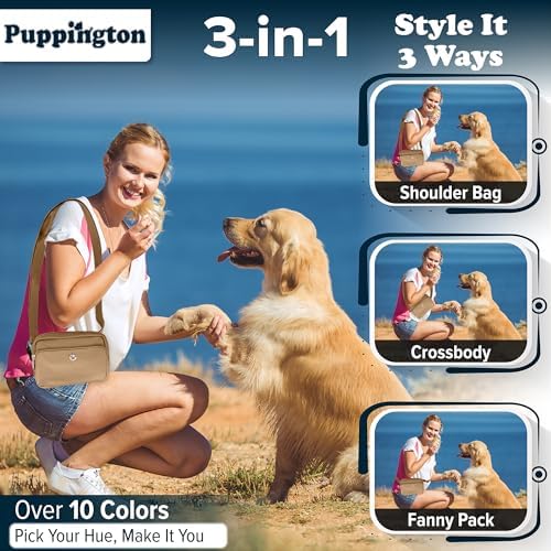 Puppington 3-in-1 Crossbody Dog Walking Bag & Dog Treat Pouch for Pet Training - Matching Compostable Poop Bags, Built-In Poop Bag Dispenser & Slow-Feeding Travel Bowl (Latte Beige)