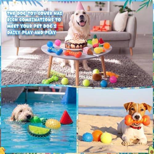 Outus 32 Pcs Summer Dog Squeaky Toys Set Puppy Chew Toys Pack Includes Squeaky Plush, Cotton Rope, Tennis Balls, Cooling Fruit Chew with Storage Bag for Summer Medium Dog Pets Teething Playing