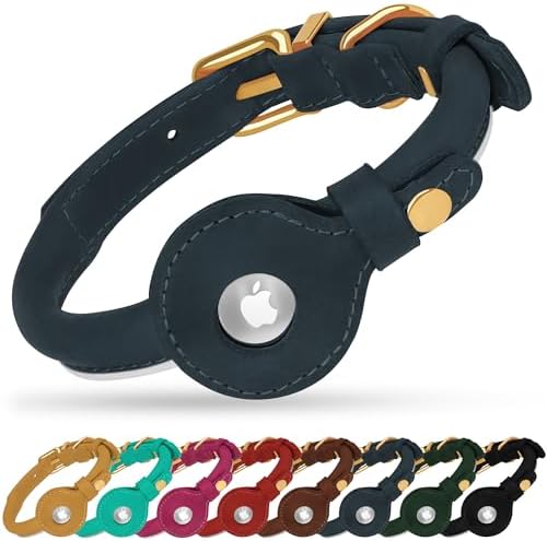 OOPSDOGGY Rolled Leather Dog Collar with Airtag Holder - Reflective Round Airtag Dog Collar - Soft Tracking Pet Collar for Small Dogs Puppy Cats Kitten (Denim, XXS, 7"-9")