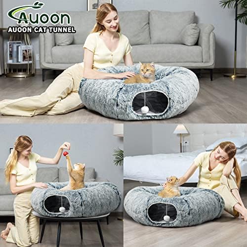 AUOON Plush Cat Tunnel Bed for Indoor Cats, 36" L x 36" W x 11.5" H, Gray