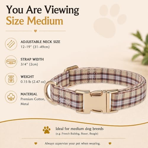 Soft Cotton Dog Collar Classic Plaid Pet Collars with Metal Clasp for Medium Dogs with Sensitive Skin, Camel Brown