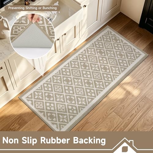 Ileading Hallway Runner Rug 2x6 ft,Washable Indoor Beige Carpet with Non Slip Rubber Backing,Low Pile Durable Kitchen Floor Mat for Laundry Entryway Door & High Traffic Areas